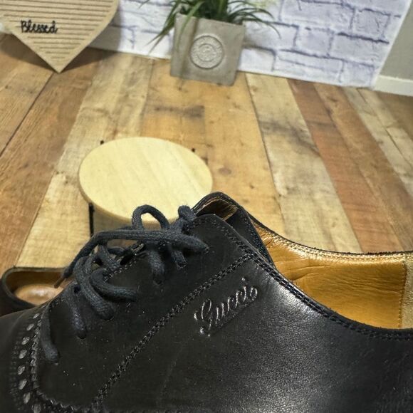 GUCCI 'Brogue' Men’s Sz 8 Black Leather Plain Toe Oxfords Italian Shoes - Picture 4 of 15
